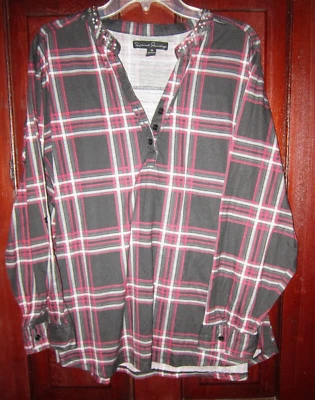 Camisa Blusa Top Tejida French Laundry Plus 2X Estampado a Cuadros Cuentas Popover Cuello en V Foto 1 de 3