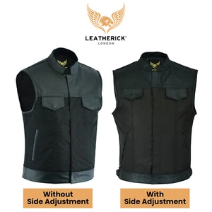 Men's SOA Style Black Cordura Motorcycle Waistcoat Leather Trim Biker Vest - Picture 1 of 20