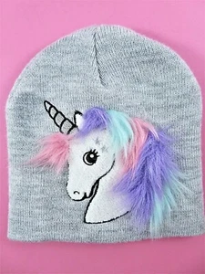 H&M Girls Unicorn Knit Cap Hat Sparkly Silver Gray Fuzzy Rainbow Mane 3-4 Years - Picture 1 of 8