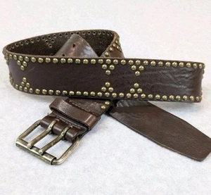 Banana Republic Women's Brown Leather Belt Brass Studded Italy Double Prongs VTG - Picture 1 of 15