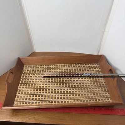 Ethan Allen Serving Tray Geometric Boho Wooden Bamboo - Image 1 of 4