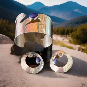 1988 CAROL FELLEY STERLING SILVER LAPIS LAZULI WIDE BRACELET CUFF/ EARRINGS SET - Picture 1 of 24