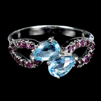 925 Sterling Silver Ring Pear Sky Blue Topaz 6x4mm Rhodolite Gemstone Jewelry 7 - Image 1 of 4