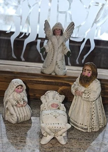 Retired 1999 Midwest Pam Schifferl White Nativity Set 8 Pieces Plus Backdrop - Picture 1 of 10