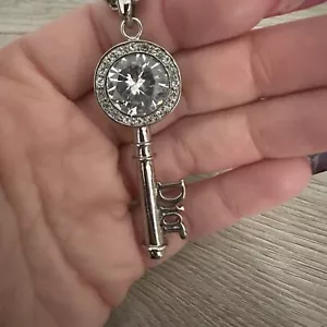 Vintage Christian Dior Huge Silver Rhinestone Key 18” Necklace - Picture 1 of 4