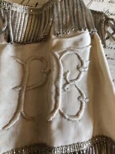 Antique French Watered Silk Coiled Silver Wire Monogram PB with Lace c1900s