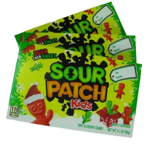Lote de 3 cajas de regalo gomosas de vacaciones de Navidad verdes y rojas Sour Patch Kids 3,1 oz Ea - Imagen 1 de 7