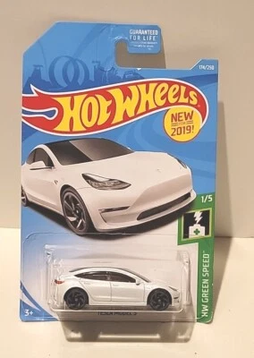 Hot Wheels Tesla Model 3 White 2019 2020 2021  New in Package Green Speed - Image 1 of 4