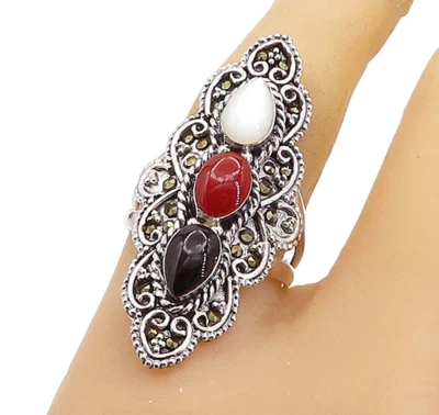 Anillo de cóctel victoriano de plata 925 madreperla ónix y coral talla 7,5 RG7900 Foto 1 de 4