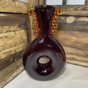 Unique Hand Blown Bottle Vase Red/Amber Art Glass Decorative Ornate Heavy 10.5” - Picture 1 of 9