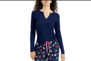 JENNI Women's Split-Neck Ribbed Long Sleeve Pajama Top $30 Navy Sail - Picture 1 of 9