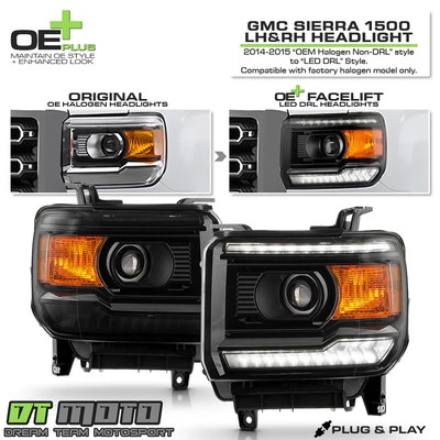 <Non DRL Upgrade to LED DRL Halogen Black Headlight> For 2014-2018 Sierra 1500 - Image 1 of 4