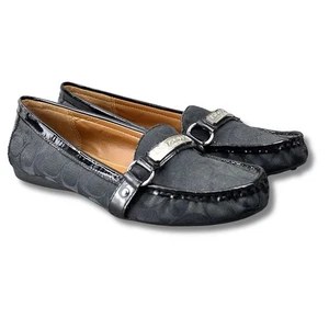 COACH Felicia Loafers Sz 10 B Black Signature Canvas Patent Trim Slip-On Shoes - Picture 1 of 14