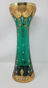 ANTIKE TSCHECHISCHE/BÖHMISCHE 14 1/2" SMARAGDGRÜN & GOLD EMAILLIERTE HANDGEBLASE VASE - Bild 1 von 18