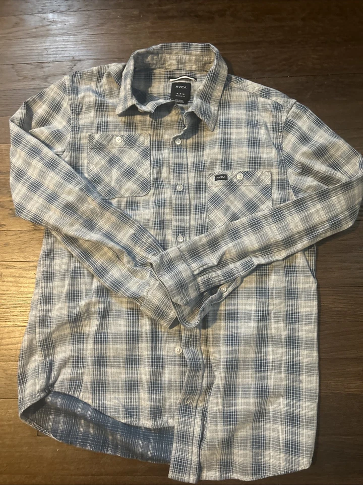 Camisa RVCA Para Hombres Mediana Azul Gris Franela a Cuadros Buttondown Manga Larga Cuello Foto 1 de 4