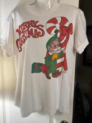 Vintage 90s Christmas Elf  Candy Cane Tshirt size L hand painted Single Stitch - Image 1 of 4
