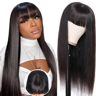 Straight Human Hair Wigs with Bangs 2x1 Lace Wigs with BangsHuman Hair Wig - Image 1 of 4