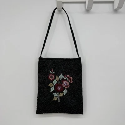 Vintage Black Beaded Multicolor Floral Beaded Small Clutch Bag Satin Formal - Image 1 of 4