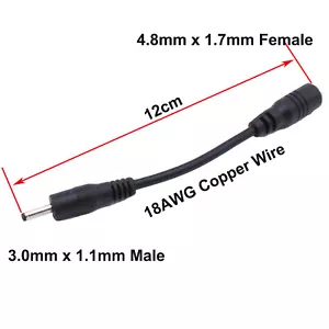 DC Power Jack 4.8mm x 1.7mm Female To 3.0mm x 1.1mm Male Connector Adapter Cable - Picture 1 of 8
