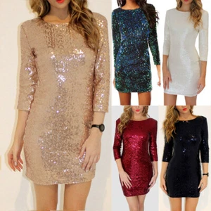 Womens Sequin Evening Club Dress Long Sleeve Mini Bodycon Party Backless Dress a - Picture 1 of 17