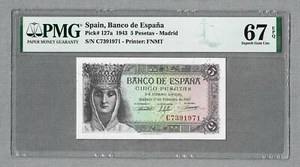SPAIN P127a 5 PESETAS 1943 GRADED PMG 67 SUPERB GEM UNC EPQ SIN CIRCULAR - Imagen 1 de 2