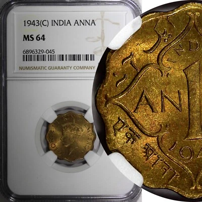 India-British George VI  Nickel-Brass 1943 (C) 1 Anna NGC MS64 KM# 537a (045) - Image 1 of 4