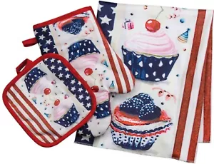 Set cucina 3 pezzi: 1 PORTA PENTOLE, 1 GUANTO DA FORNO E 1 ASCIUGAMANO, PATRIOTIC USA CUPCAKES, LK - Foto 1 di 24