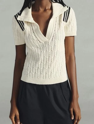Anthropologie Maeve Cable-Knit Polo Sweater Tee, Ivory with Black Trim, Sz 2X - Image 1 of 4