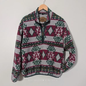 Woolrich 1/4 Zip Fleece Mens M Gray Green Vintage 90s Pocket Geometric Southwest - Picture 1 of 9