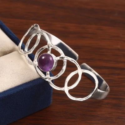 925 Sterling Silver Natural Purple Amethyst Gemstone Jewelry Cuff Bracelet - Image 1 of 3