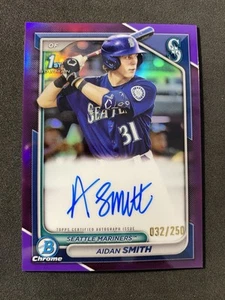 Bowman Aidan Smith 2024 cromo refractor púrpura automático 1st/250 Mariners - Imagen 1 de 2