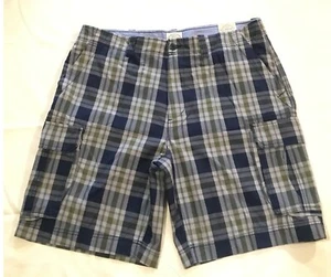 St Johns Bay Men's Size 42 Cargo Shorts Madras Blue Herald Plaid 10" Inseam New - Picture 1 of 6