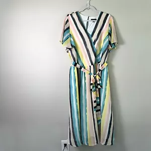 Lane Bryant Dress Womens Size 24 Pink Blue Yellow Striped V Neck Tie Waist Midi - Picture 1 of 12