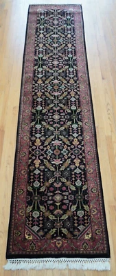 Fine Hand Knotted Runner 2'6" x 12' Wool Black Floral Hallway Rug Excellent - Image 1 of 4