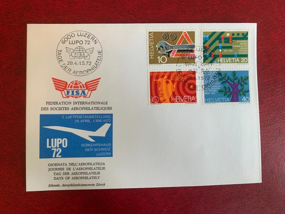 SWITZERLAND 1972 FDC AUTOMOBILE CAR CLUB RADIO EXPATS TREE RAILWAYS FISA LUPO 72 - Image 1 of 1