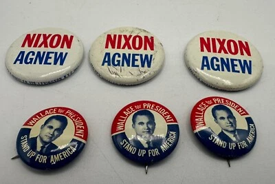 6 Vintage 1968 Presidential Campaign Buttons  Nixon Agnew & George Wallace - Image 1 of 4
