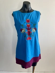 ISHKA Blue Cotton Shift Dress With Embroidered Detail Size S - Picture 1 of 7