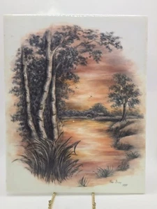 Vintage Hand Painted Sunset Lake Scene Art Tile 10.25x8.25” Signed Kay Gray 1985 - Picture 1 of 8
