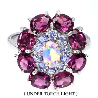 Anillo de plata de ley 925 ovalado ópalo de fuego 6x4 mm rodolita tanzanita piedras preciosas talla 7 Foto 1 de 4