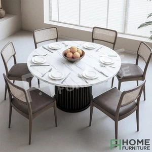Round Dining Table Coffee Kitchen Table 110cm Marble Tabletop Metal Base Black - Picture 1 of 10