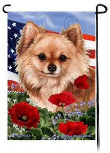 Patriotic Flowers Garden Flag - Longhaired Red Chihuahua - Picture 1 of 1