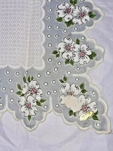 Vintage Hankie Handkerchief Cotton flowers gray dot border Philippines 14" - Picture 1 of 4