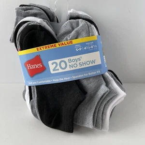 HANES Boys No Show Socks 20 pairs Size Small Shoe Sz 4.5-8.5 Black Gray White - Picture 1 of 3