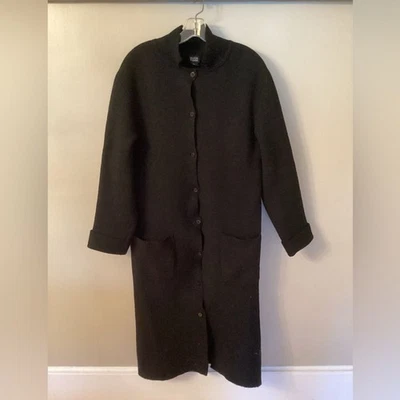 ABRIGO DELANTERO EILEEN FISHER VINTAGE PEQUEÑO NEGRO LARGO LARGO LANA HERVIDA BOTÓN Foto 1 de 4
