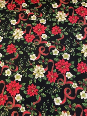 Tela de algodón premium estampados Santee - flor de pascua y acebo sobre negro por 1/2 yarda Foto 1 de 4