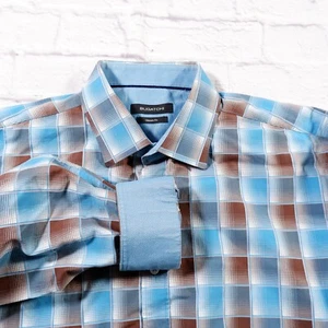 Bugatchi Blue Brown Plaid Classic Fit Spread Collar Mens Shirt L Large - Picture 1 of 9