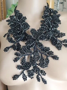 Natasha Couture BLK Beaded Collar Dendritic Bib Necklace Floral Adjustable RARE - Picture 1 of 15