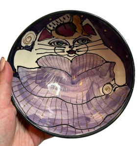 Hand-painted Cindy Jenkins Pottery Bowl Purple Gold Kitty Cat In A Dress Signed - Picture 1 of 8