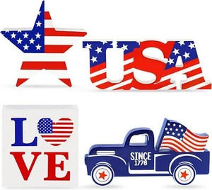 4th of July Decor Patriotic Decorations 4Pcs Wooden Star USA red, blue, white - Picture 1 of 7