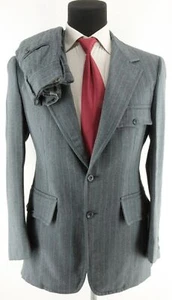 Men's 70's Disco Gray Blue Wool Pinstripe Tailored Flat Front Suit Size 38/40 - Picture 1 of 10
